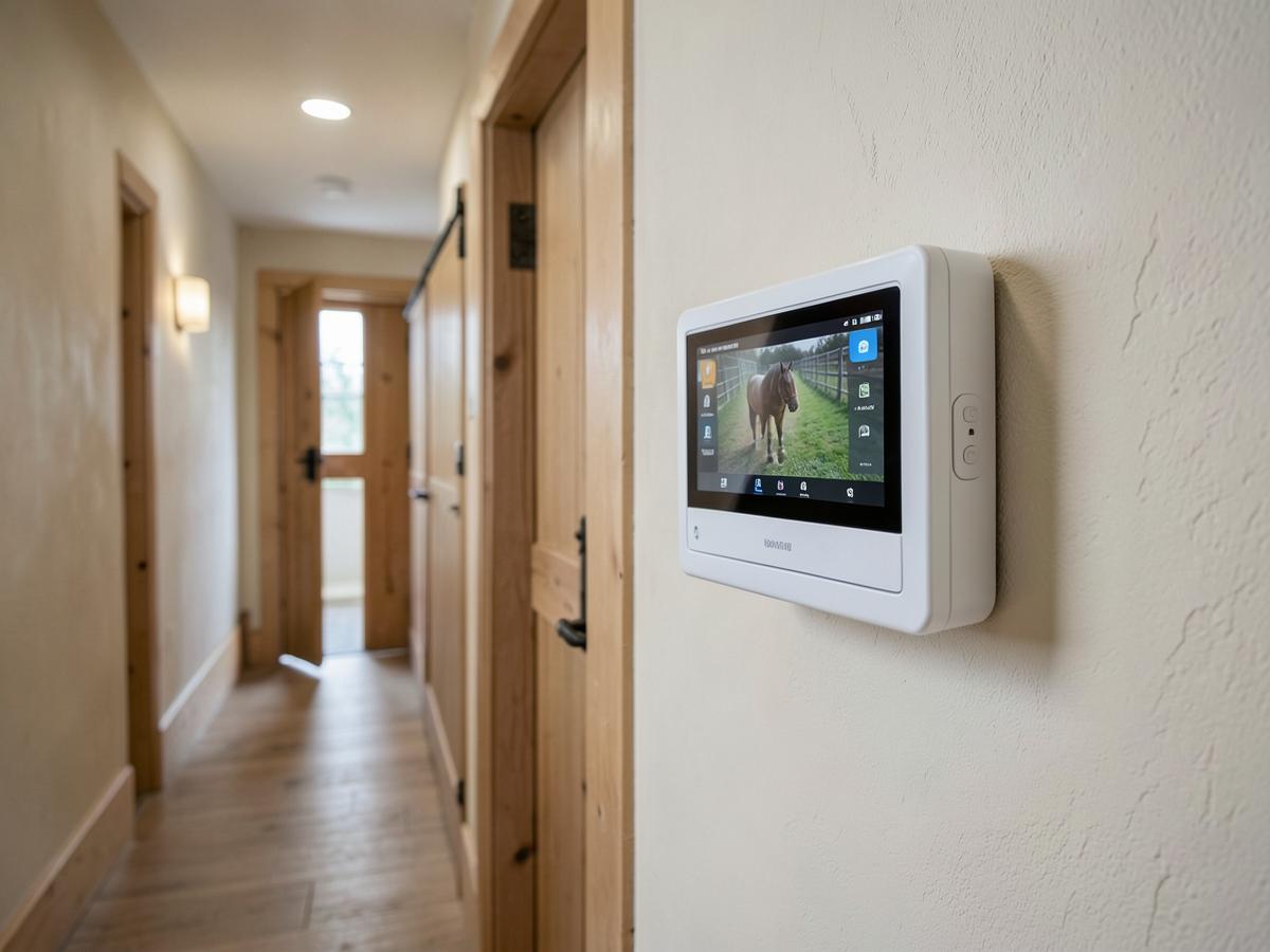 Wall-mounted yard automation control panel in a stable corridor