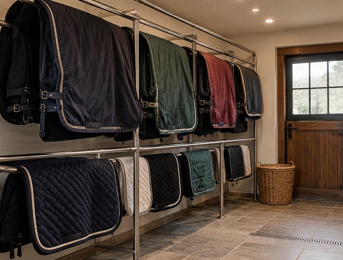 Horse rugs and saddle pads hanging on heated stainless drying rails