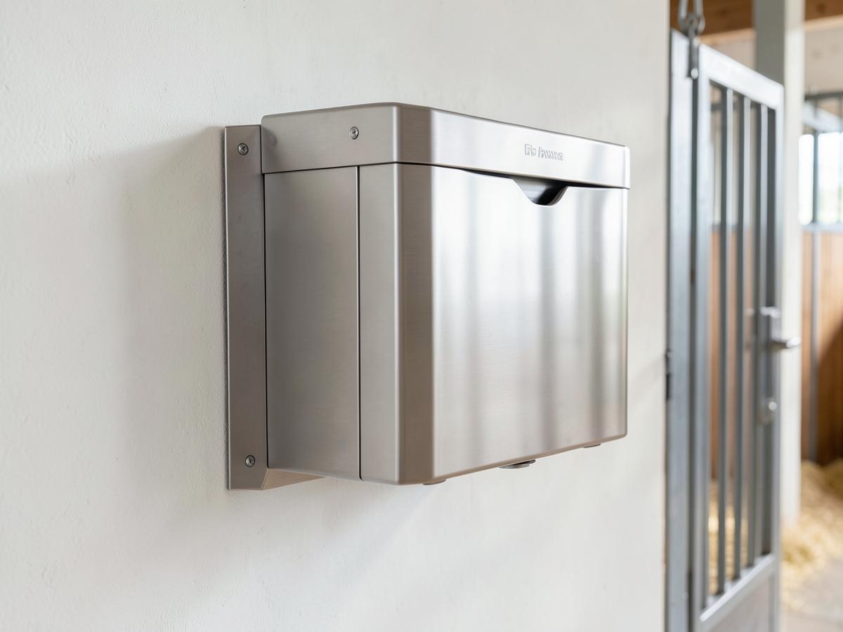 Stainless steel automatic horse feeder mounted on a stable wall