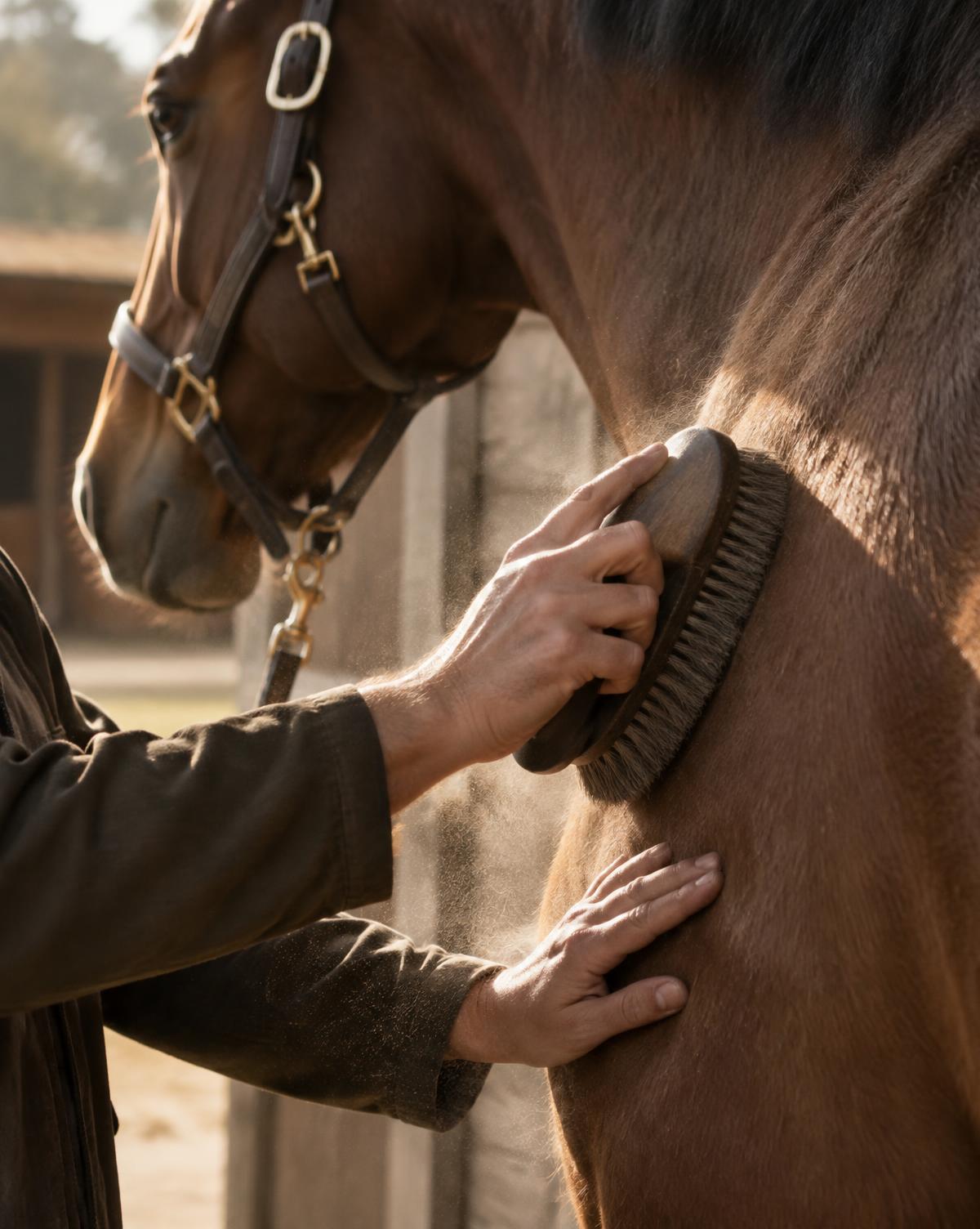 Grooming a horse's shoulder with a body brush in warm stable light