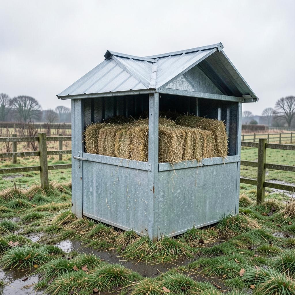 Covered galvanised field hay feeder with a pitched roof, filled with hay, in a winter paddock