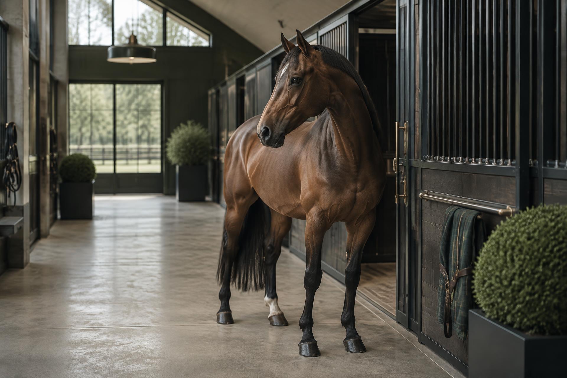 Bay horse standing in an immaculate British stable in morning light