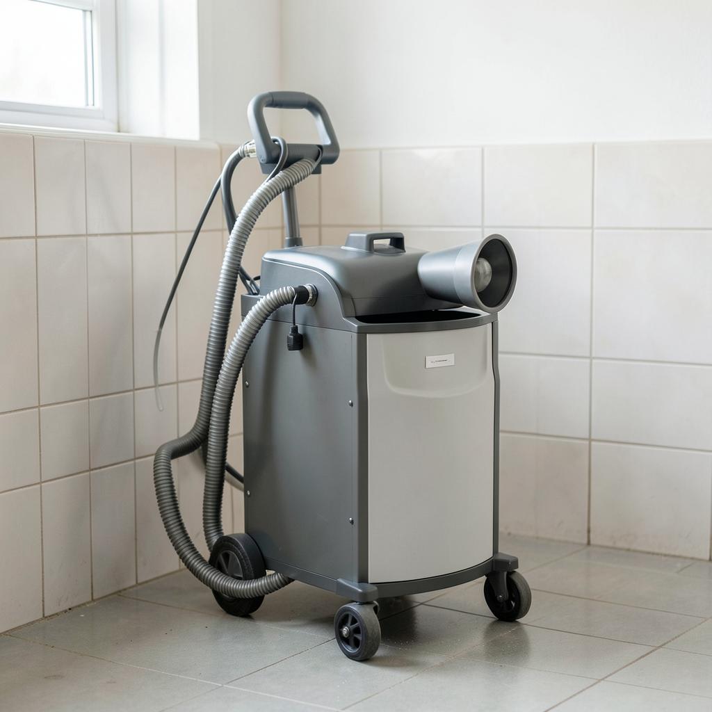 Portable warm air horse dryer on wheels with a flexible hose and nozzle in a tiled wash area