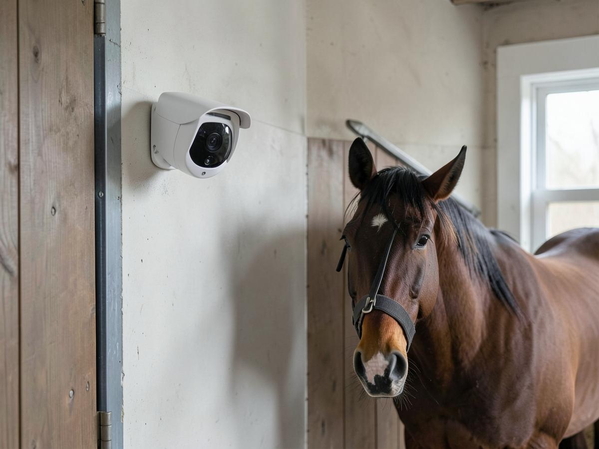 Stable monitoring camera mounted above a bay horse in a stable