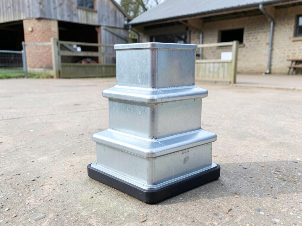Three step galvanised mounting block with rubber treads on a stable yard