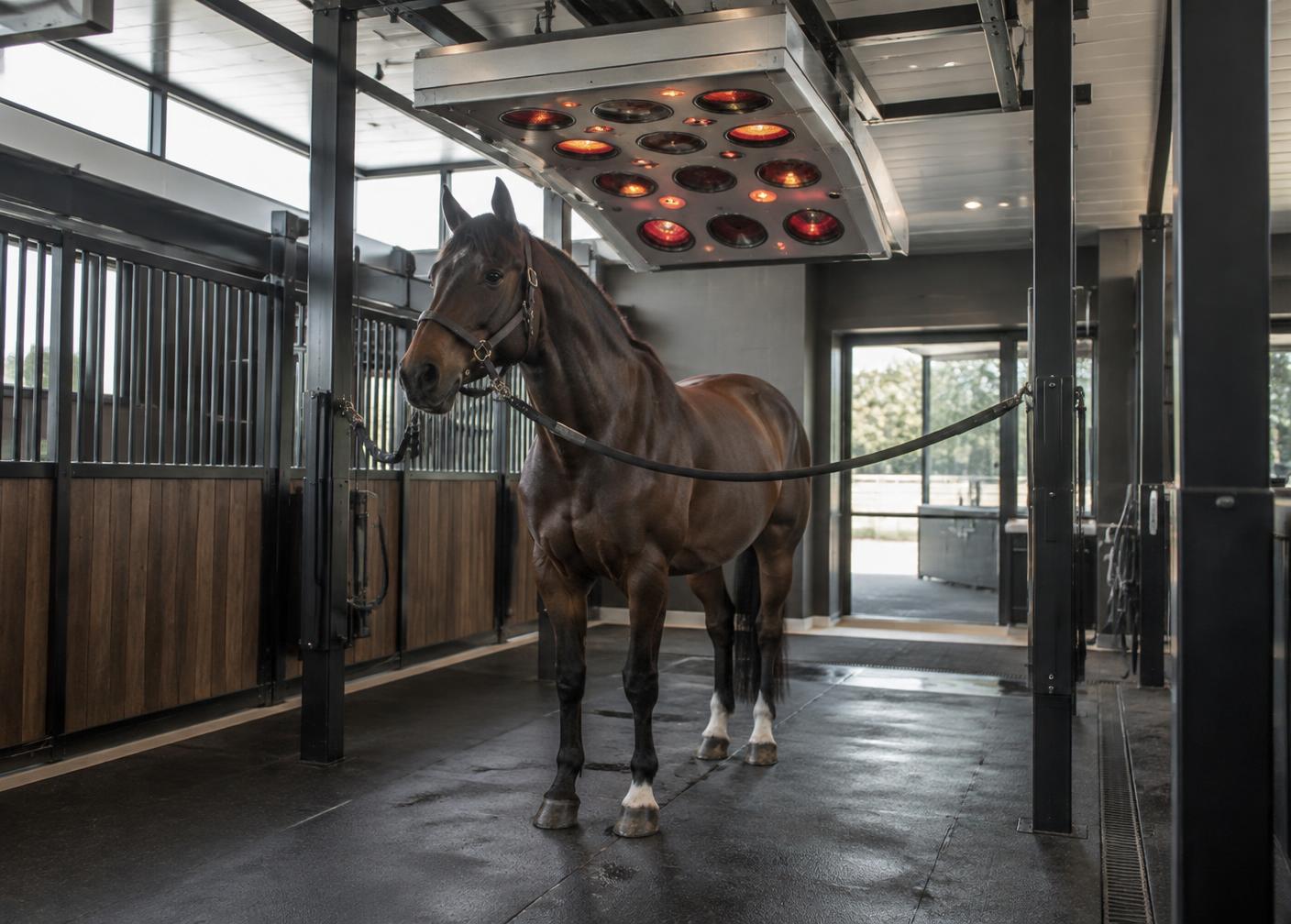 Competition horse under a professional equine solarium