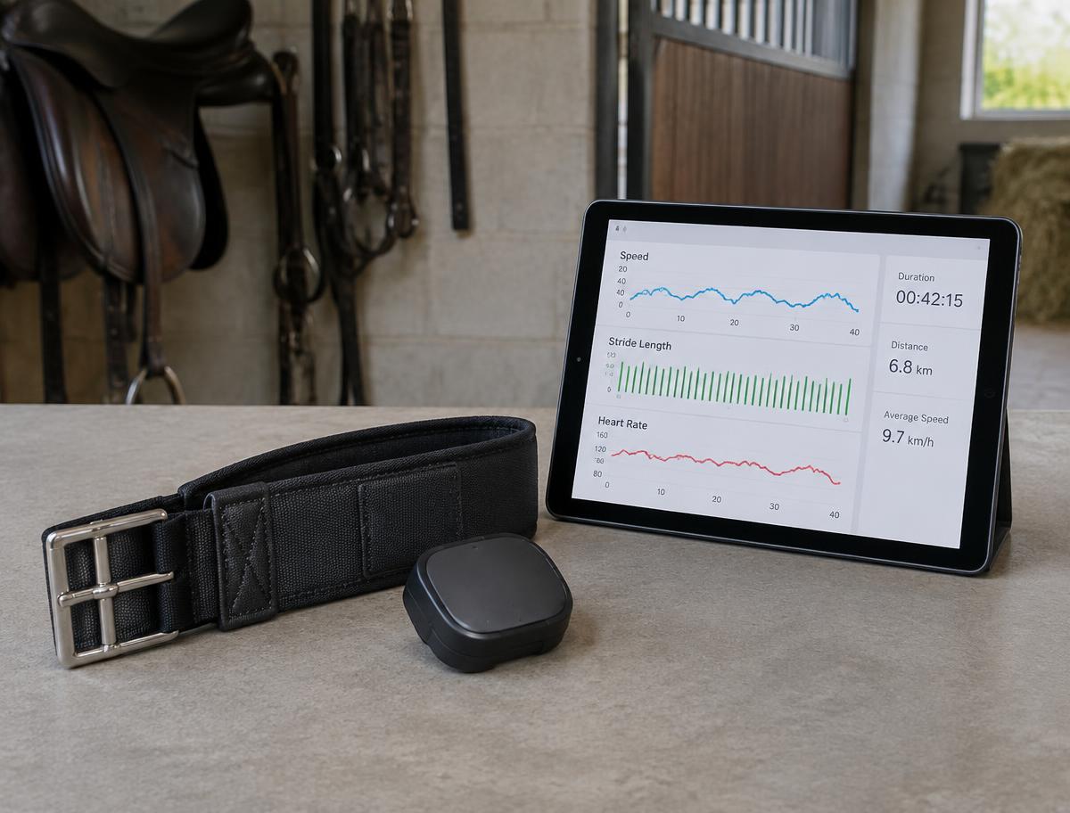 Training sensor and girth strap beside a tablet showing session data
