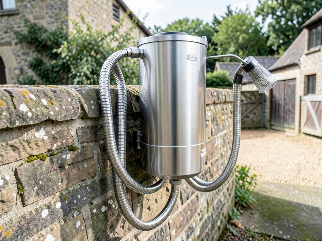Compact stainless portable horse wash unit with coiled hose and spray lance on a yard wall
