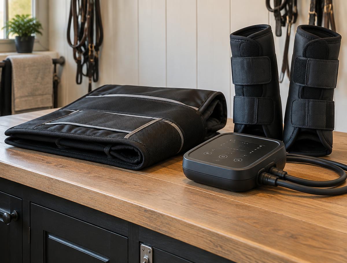 Massage rug, therapy boots and control unit on a tack room bench