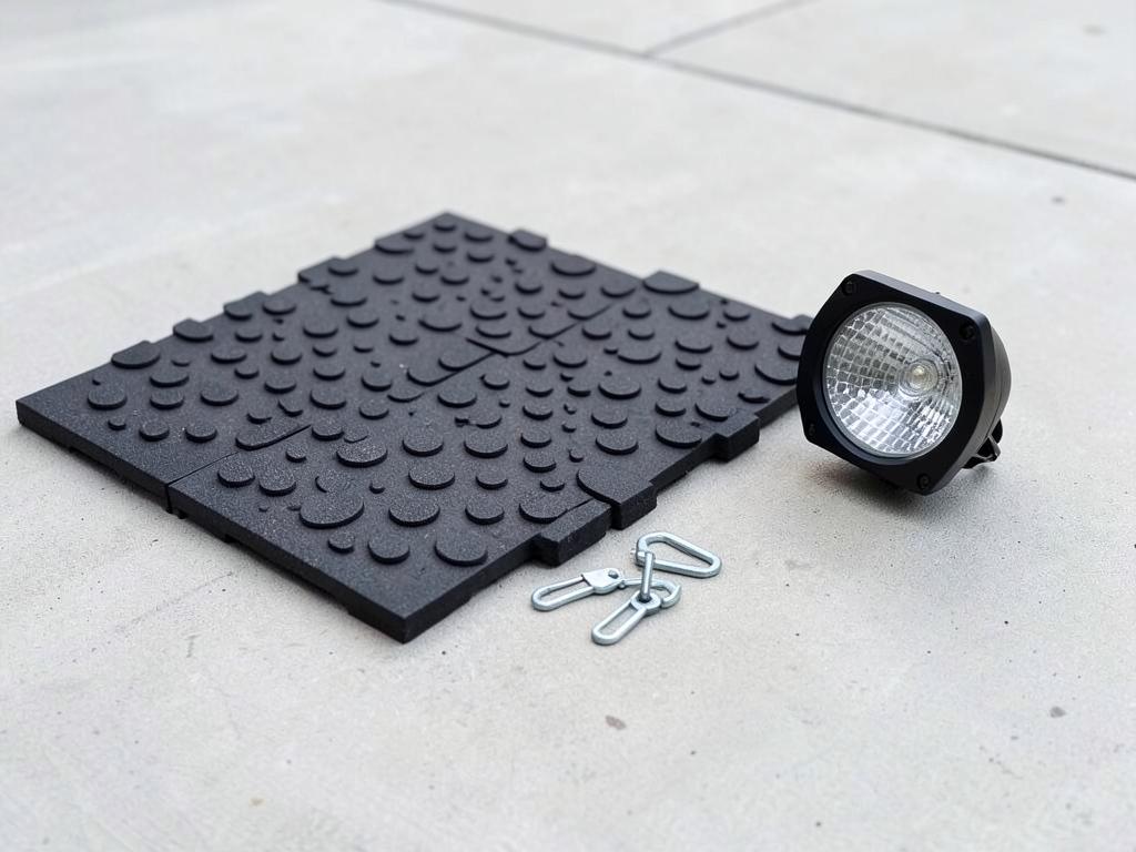Non-slip rubber yard matting tiles, quick release safety clips and an LED yard light
