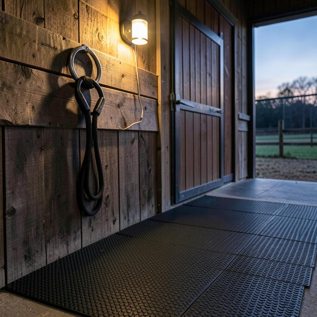 Quick release tie ring with lead rope, non-slip rubber matting and a lit yard light at a stable doorway at dusk
