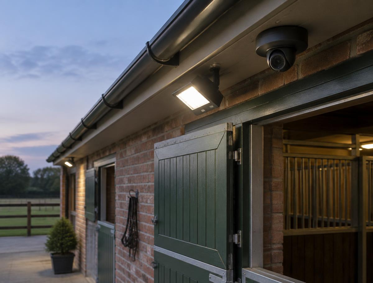 Camera and floodlight mounted above stable doors at dusk