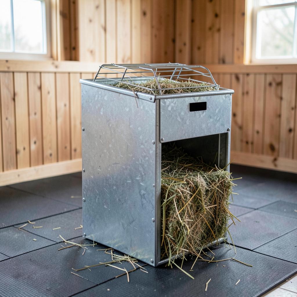 Galvanised slow feeder hay box with a grille top, filled with hay, in a clean stable