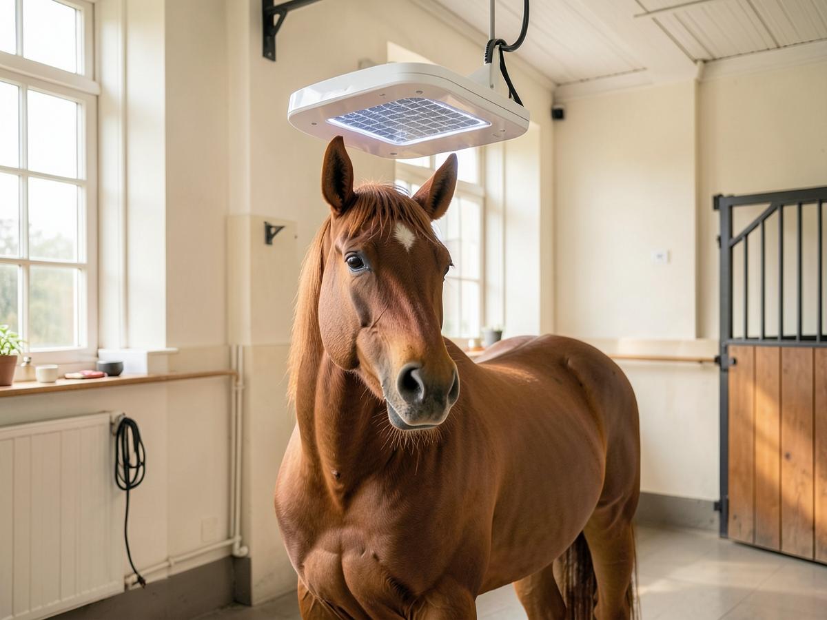 Infrared horse solarium mounted above a chestnut horse in a clean stable