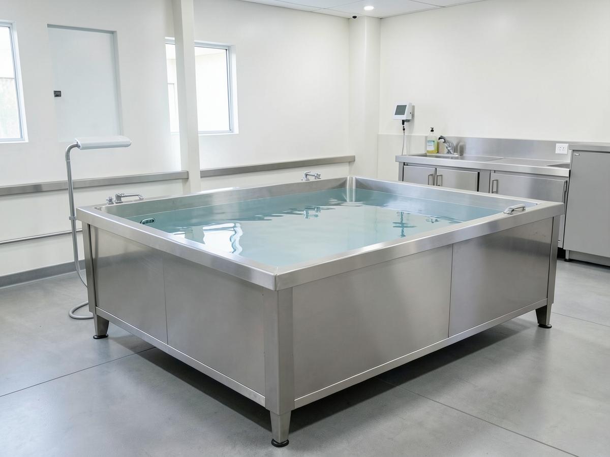 Stainless steel equine spa in a professional rehabilitation facility