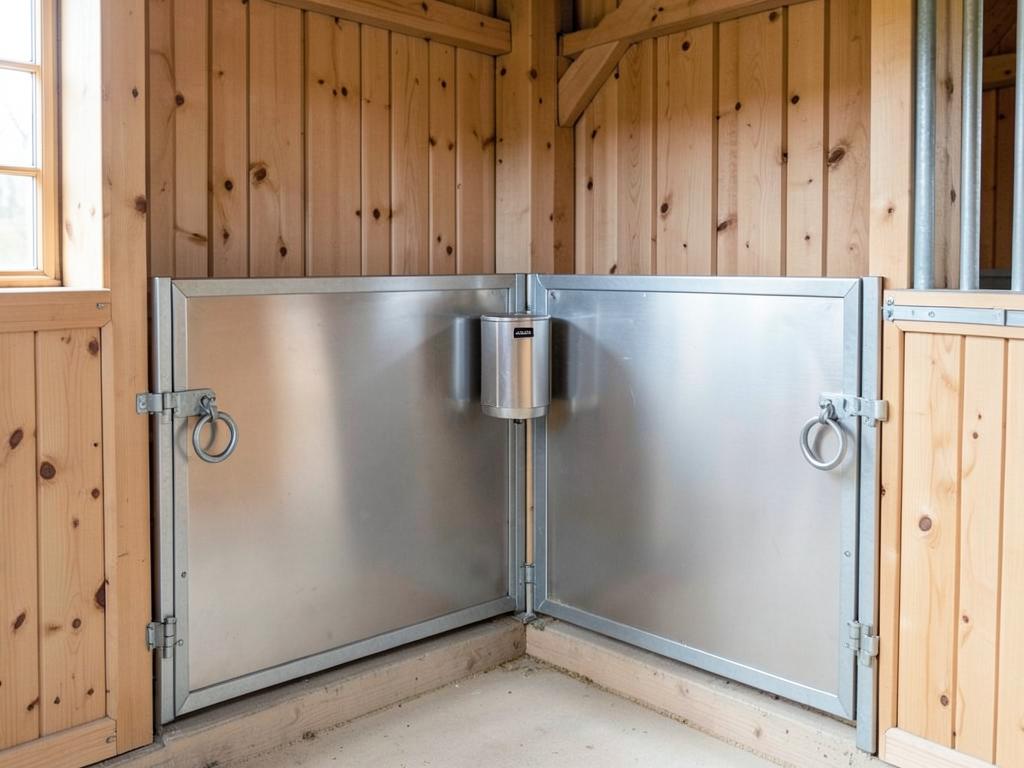Stainless steel corner manger, automatic drinker and tie ring fitted in a timber stable
