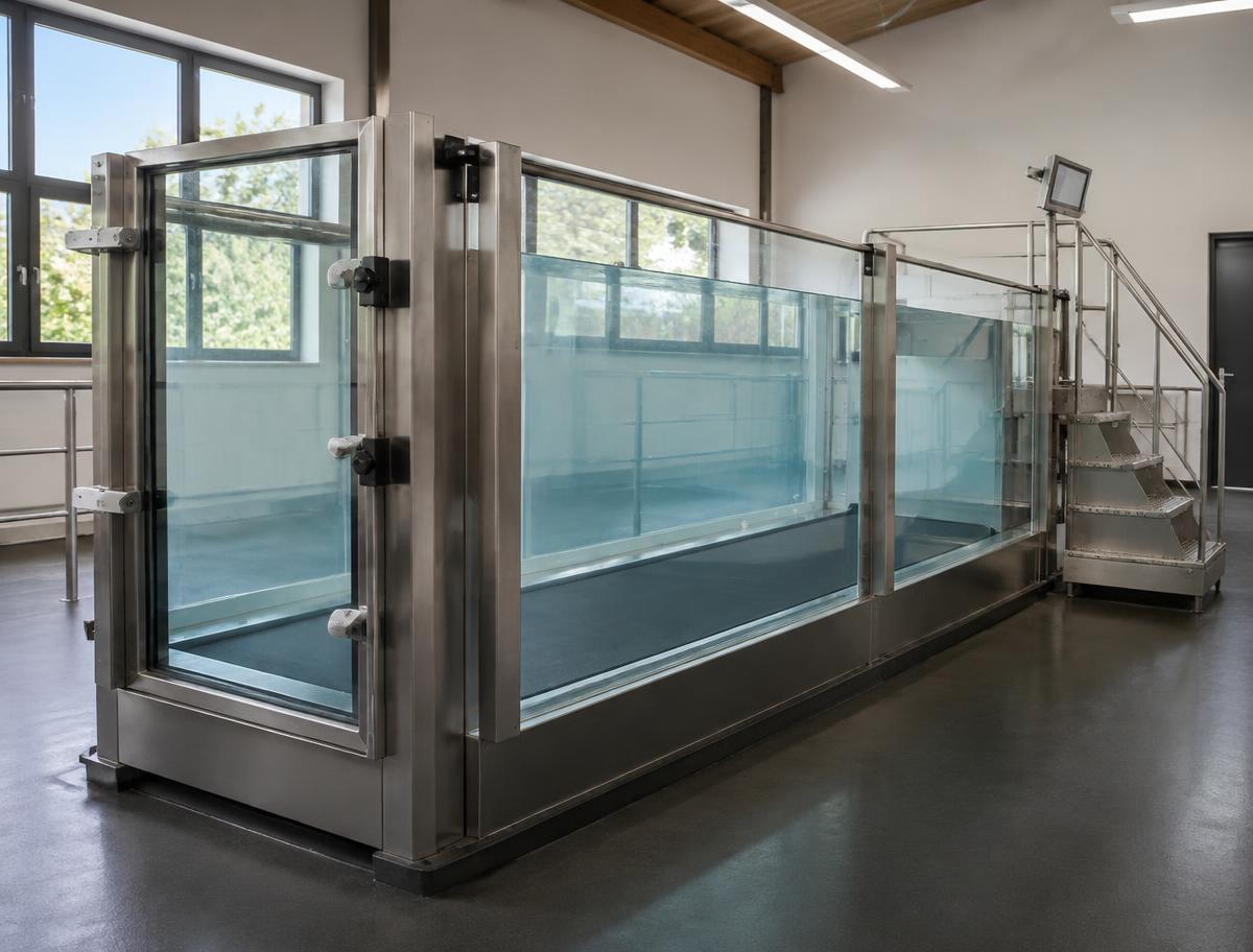 Glass-sided equine water treadmill in a rehabilitation centre