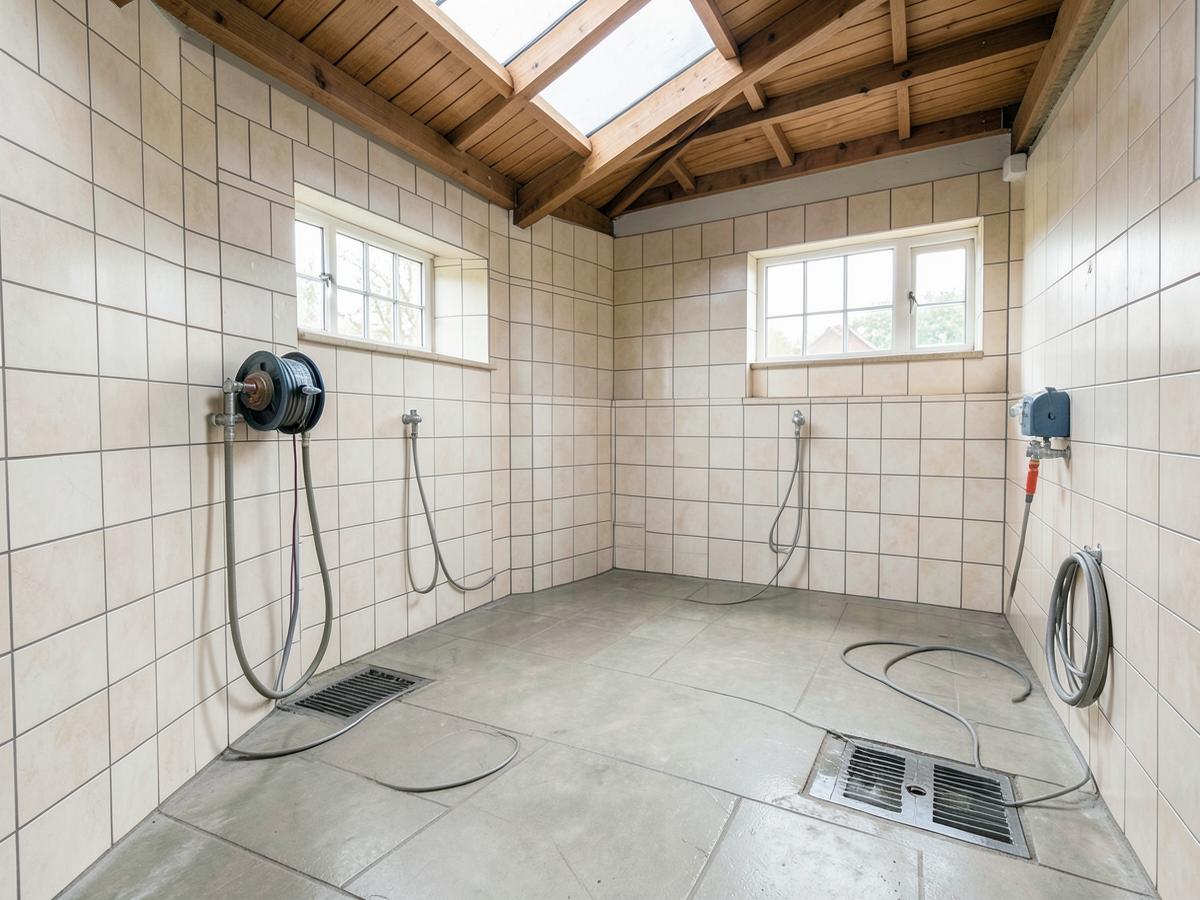 Tiled equestrian wash bay with hose reels and floor drainage