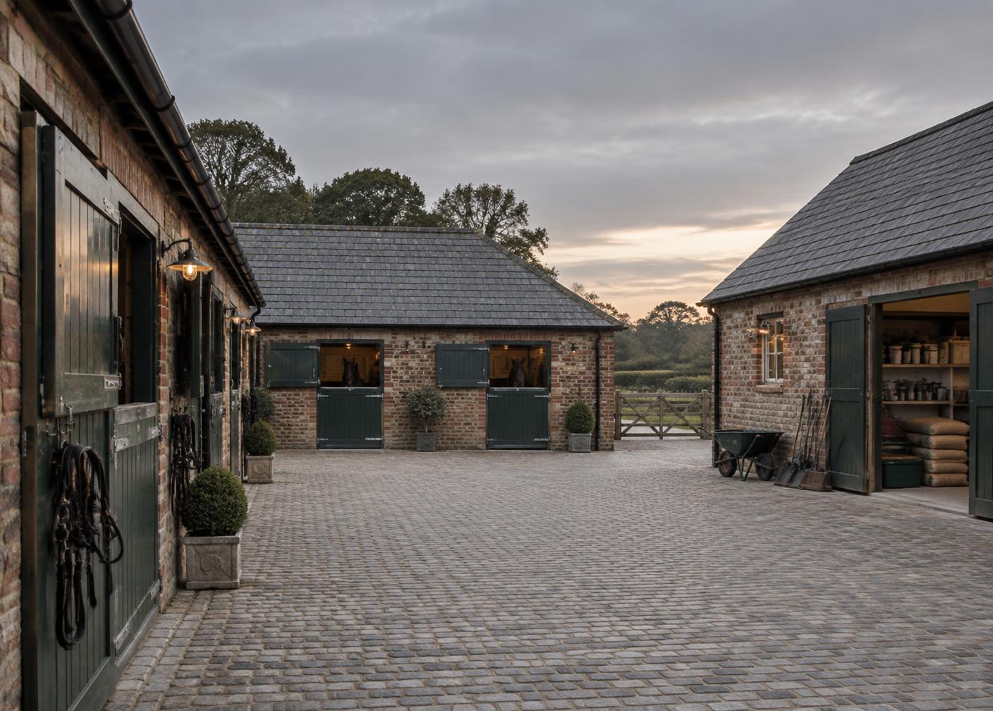 British stable yard courtyard with green stable doors at first light