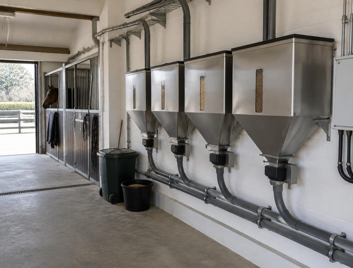 Stainless steel feed hoppers and delivery pipework in a stable feed room