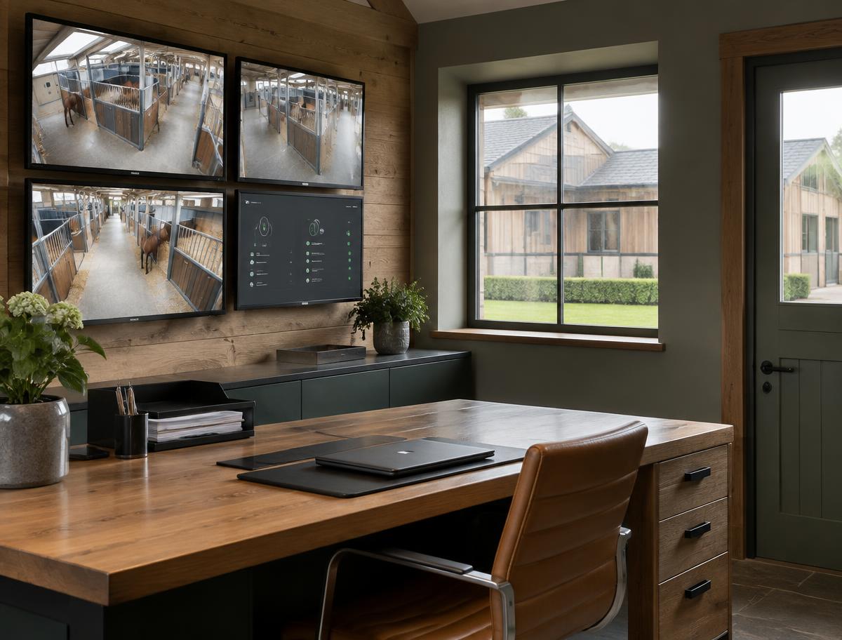 Yard office with screens showing stable camera views and system status