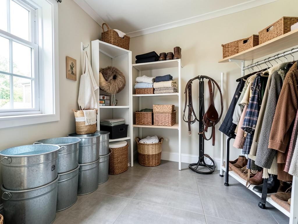 Organised tack and feed room with galvanised feed bins, rug racks and shelving